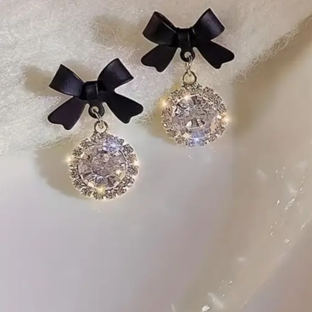 Elegant Black Bow and Silver Crystal Earrings